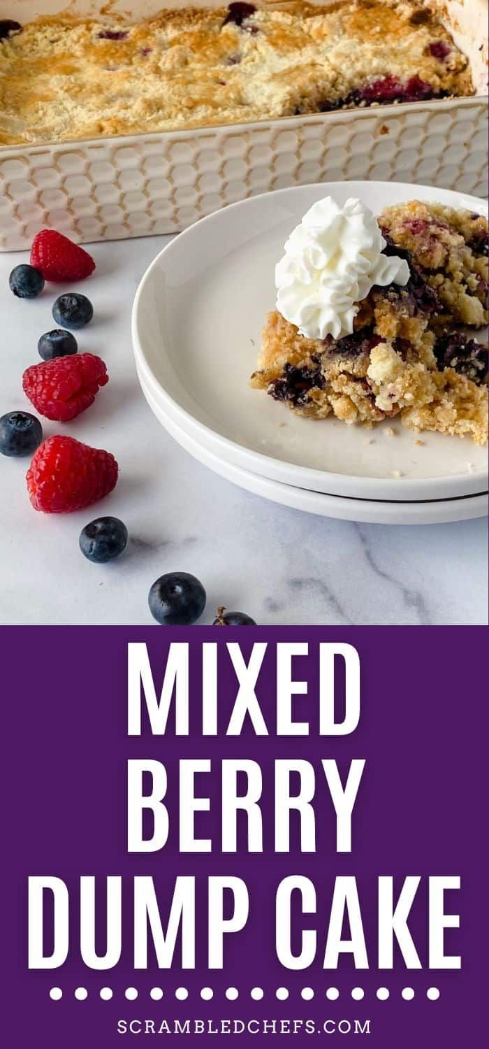 mixed berry dump cake on a plate with berries