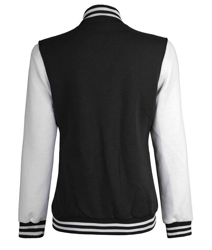 White and Black Varsity Jacket
This Women's Letterman Jacket Black And White is a fashion-forward piece for all seasons. Featuring a fleece body and viscose lining, rib-knit collar and button closure, a regular fit, and two pockets, this black fleece jacket can be paired with your favorite t-shirt or leggings. A perfect varsity jacket for all your casual styles. Streetwear Track Jacket With Padded Collar, Winter Varsity Jacket With Padded Collar, Winter Varsity Jacket With Padded Collar And Long Sleeves, Casual Winter Varsity Jacket With Collar, Casual Collared Varsity Jacket For Winter, Casual Winter Collared Varsity Jacket, Black Long Sleeve Varsity Jacket With Pockets, Black Varsity Jacket With Stand Collar And Pockets, Fitted Outerwear With Contrast Collar And Long Sleeves