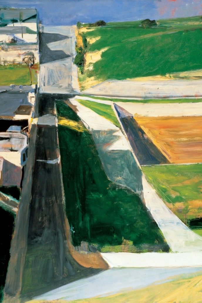 an oil painting of a road and houses