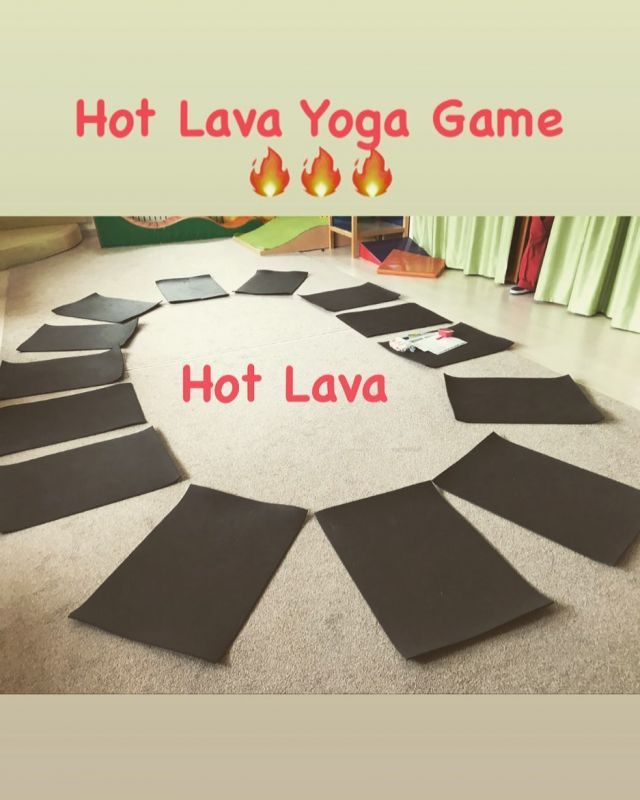 the yoga mat is laid out on the floor in front of the fire place with words that read hot lava yoga game