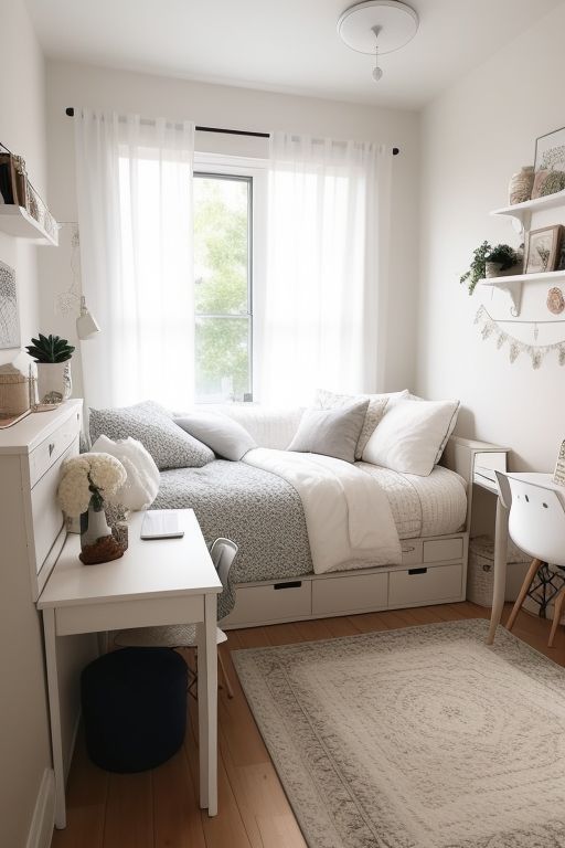 a small bedroom with a bed, desk and chair in the corner next to a window