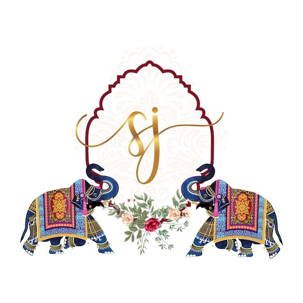 two elephants are decorated with flowers and the letter j