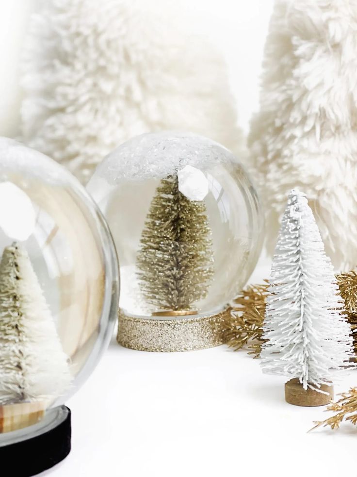 three snow globes with trees in them