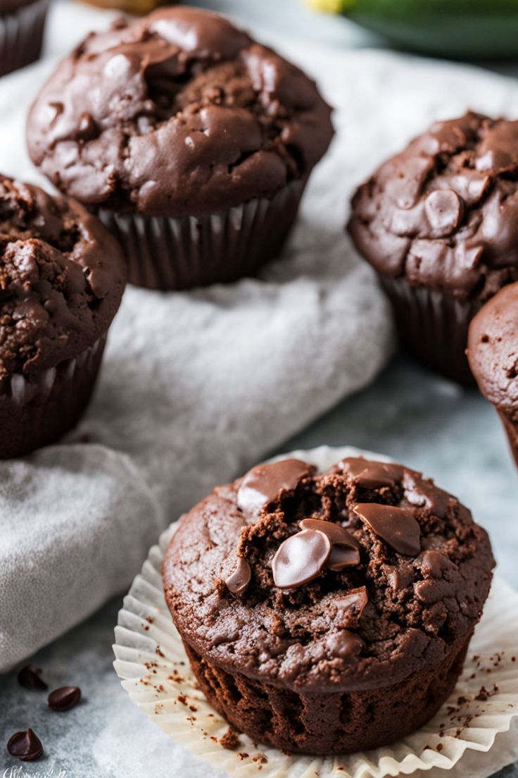 several chocolate muffins sitting on top of white paper towels next to some bananas