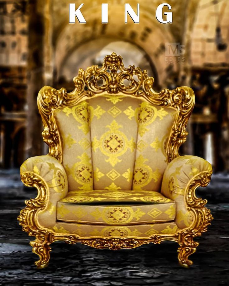 an ornate gold chair with the words king on it