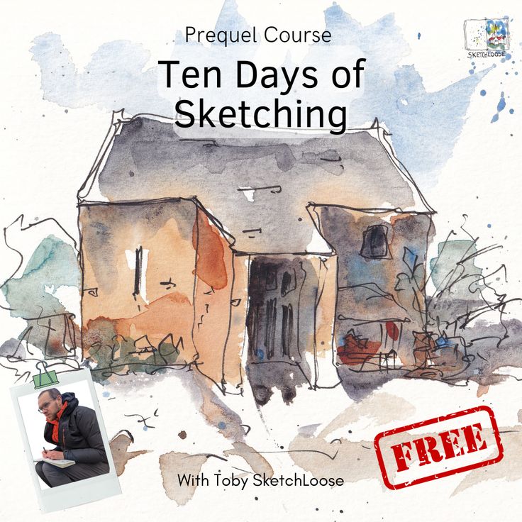 a watercolor drawing of a house with the words ten days of sketching free