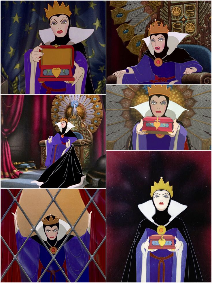 the evil queen from disney's sleeping beauty is shown in four different scenes, each with