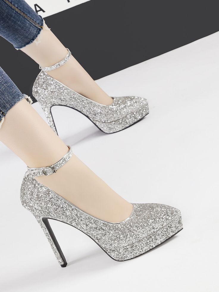 Ankle Strap Ultra High Heeled Glitter Pumps Silver Soiree Dresses, High Heels For Kids, High Heels Outfit, Cute High Heels, Soiree Dress, Cute Shoes Heels, Glitter Pumps, Beautiful Heels, Glitter Shoes