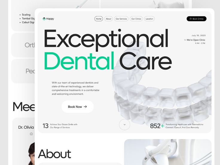 the website for dental care is displayed in three different colors and sizes, including white teeth