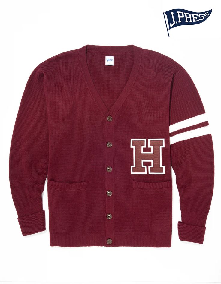 HARVARD VARSITY CARDIGAN - BURGUNDY Varsity Cardigan, Outfit Cardigan, J Press, Varsity Sweater, Winter Gear, Mens Fashion Fall, Spring Sweater, Spirit Wear, Yellow Sweater