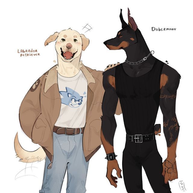 two dogs are standing next to each other, one is wearing a leather jacket and the other has a white t - shirt