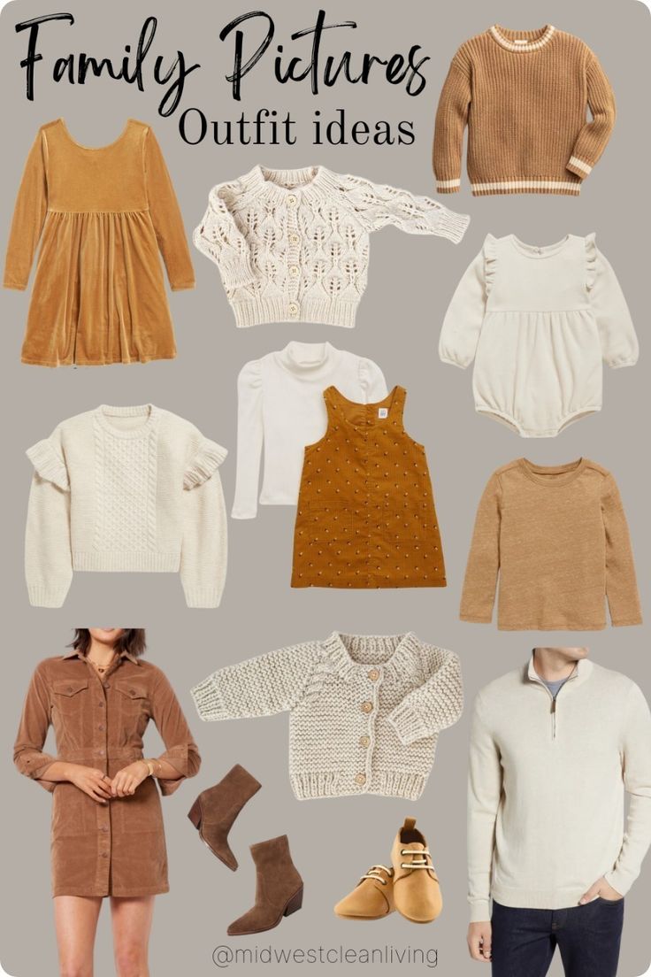 many different sweaters and dresses are shown in this image with the words family pictures outfit ideas