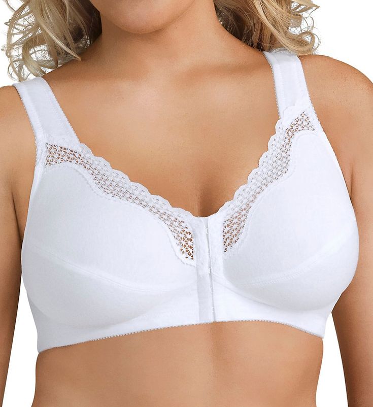 A completely new approach to support and comfort: the soft, wireless knit cotton cups provide great comfort and shape, and the specially designed back really makes a difference in your day. Wireless, unlined (unpadded) multi-part cup is knit cotton, with an angled seam for shape. Non-stretch, breathable sheer lace across cup tops helps contain full busts. Hook-and-eye closure at front has a soft backing and coated metal hardware. See our Size Chart for hook counts. Sewn-on elastic underband help Straighten Shoulders, Bras For Older Women, Front Closure Bras, Front Close Bra, Posture Bra, Posture Support, Minimiser Bra, Cotton Bras, White Bras