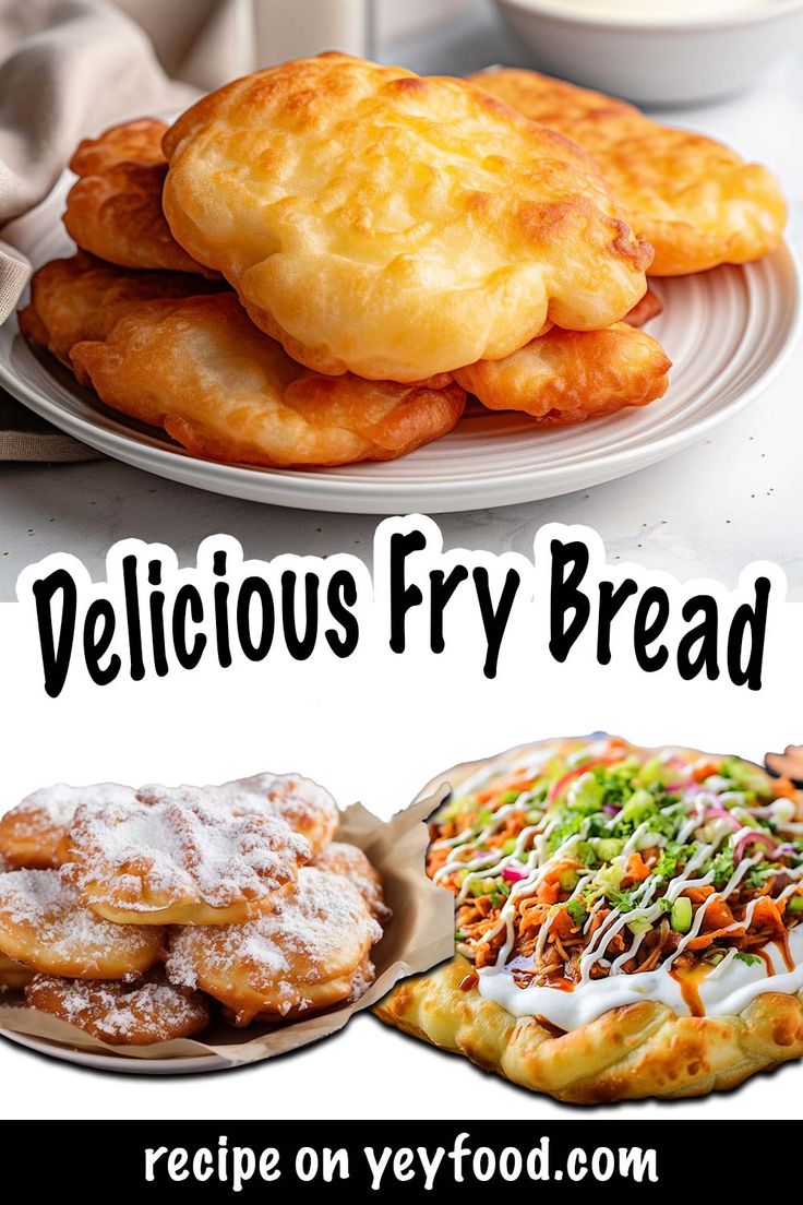 delicious fry breads and pastries are served on trays with the words delicious fry bread