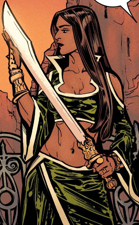 a woman holding two swords in her hands