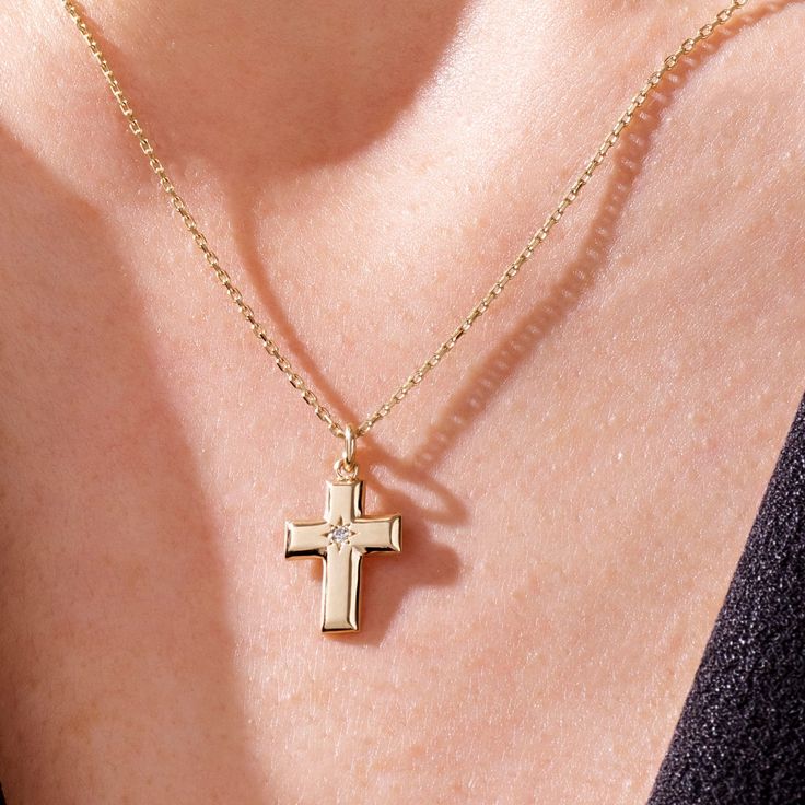 14k Solid Gold Cross Pendant 14k Solid Gold Minimalist & Tiny Design Religious Cross Charm Pendant Necklace for Women with Color Options. Wear it alone or stack with other necklaces to have timeless and completed everyday look.   Pendant Details  ❥ Gold KT: 14k Solid Gold   ❥ Gold Color Options: Yellow Gold, White Gold, Rose Gold  ❥ Pendant: 15.60x10.30 mm  ❥ Thickness: 1.32 mm  ❥ AAA Grade White Cubic Zirconia  ❥ It can be used with up to 3 mm chains. If you are to use it with a thicker chain, 14k Gold-filled Yellow Gold Cross Necklace As Gift, Yellow Gold Cross Pendant Charm Necklace As Gift, Yellow Gold Cross Necklaces For Baptism, Dainty 14k Gold Cross Necklace Gift, Dainty 14k Gold Cross Necklace As A Gift, Personalized 14k Gold Cross Pendant Necklace, Dainty Cross Pendant Necklace For Anniversary, Dainty Yellow Gold Cross Necklace Gift, Yellow Gold Cross Pendant For Baptism