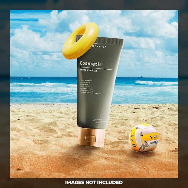 an advertisement with a beach ball and tube of sunscreen next to it on the sand