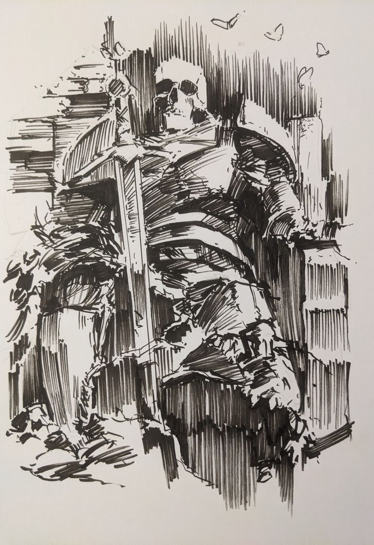 a black and white drawing of a skull sitting in a chair with a cross on it