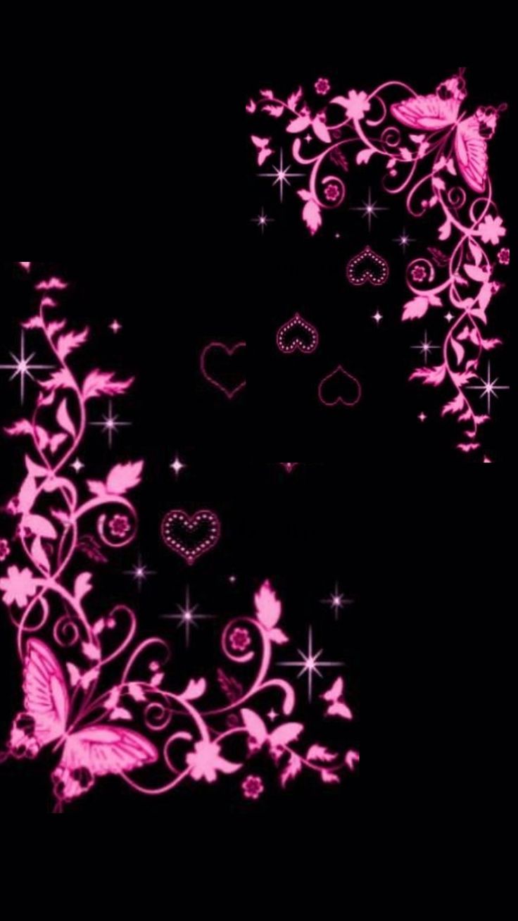 pink flowers and hearts on black background with sparkles in the dark, this is an image