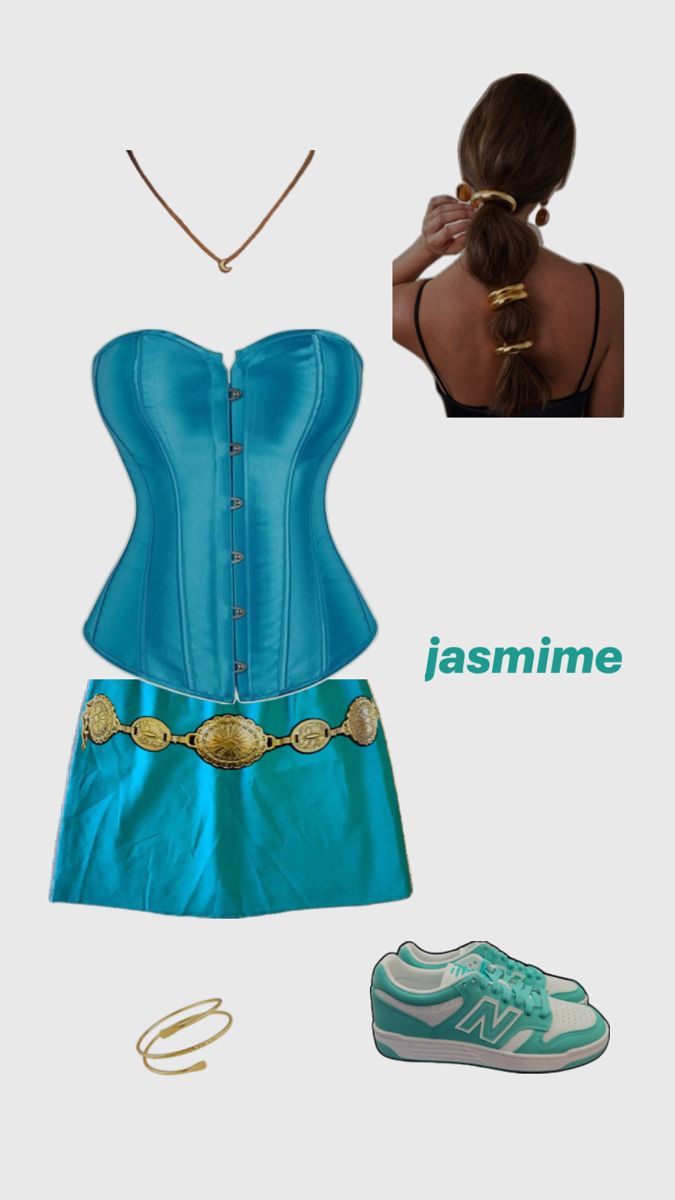 a blue corset and shoes with the words jasmime on it