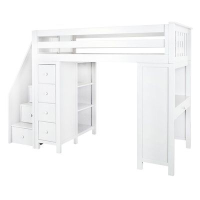 a white loft bed with drawers underneath it