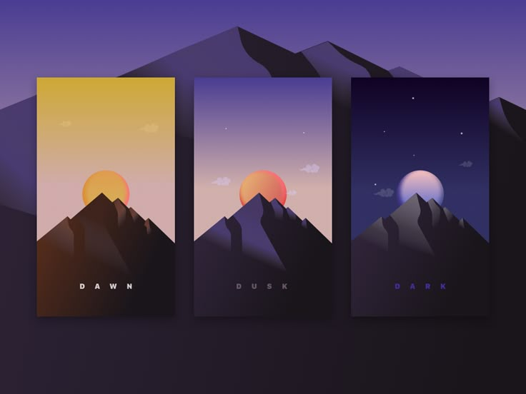 three vertical banners with mountains and the sun in the sky, on a dark background