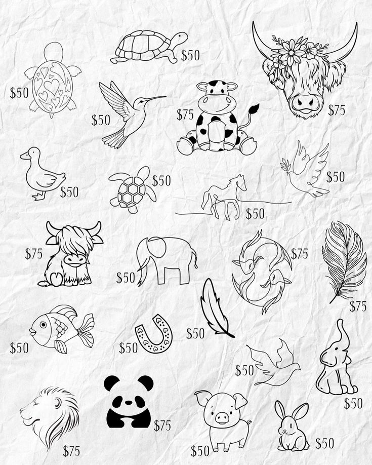 a bunch of drawings that are on top of a piece of paper with numbers and animals