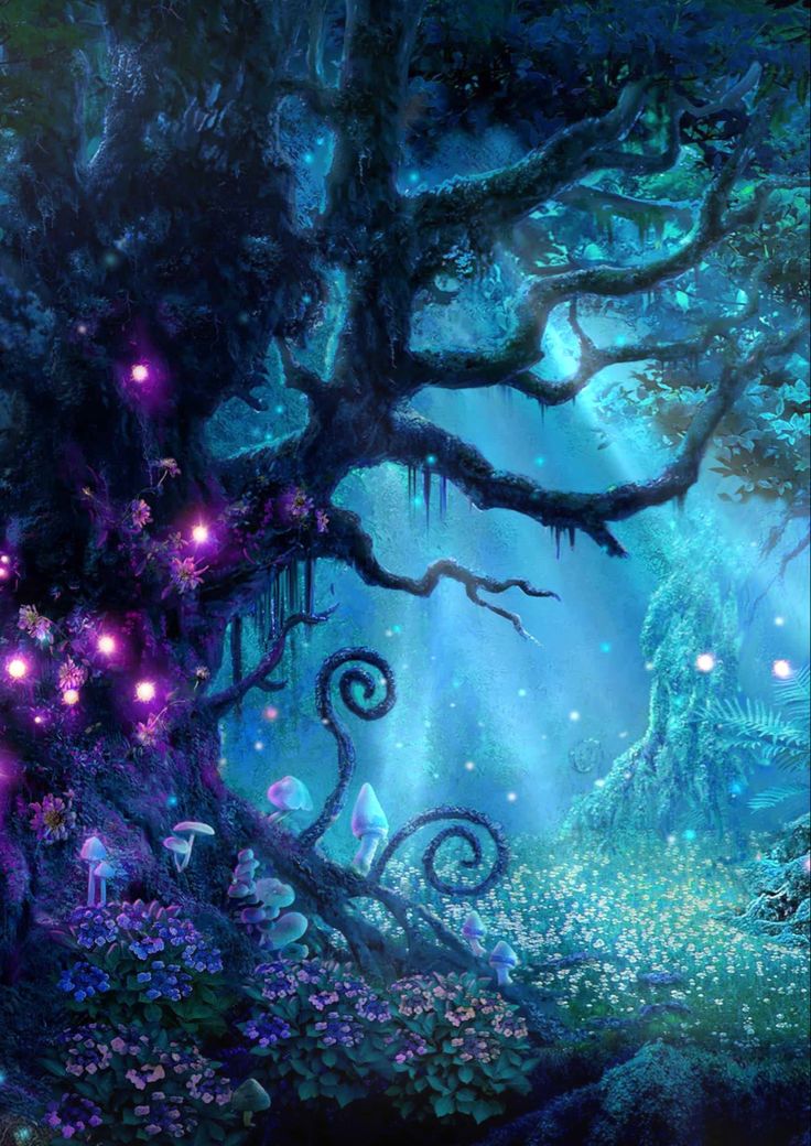 an image of a fantasy forest scene with fairy lights