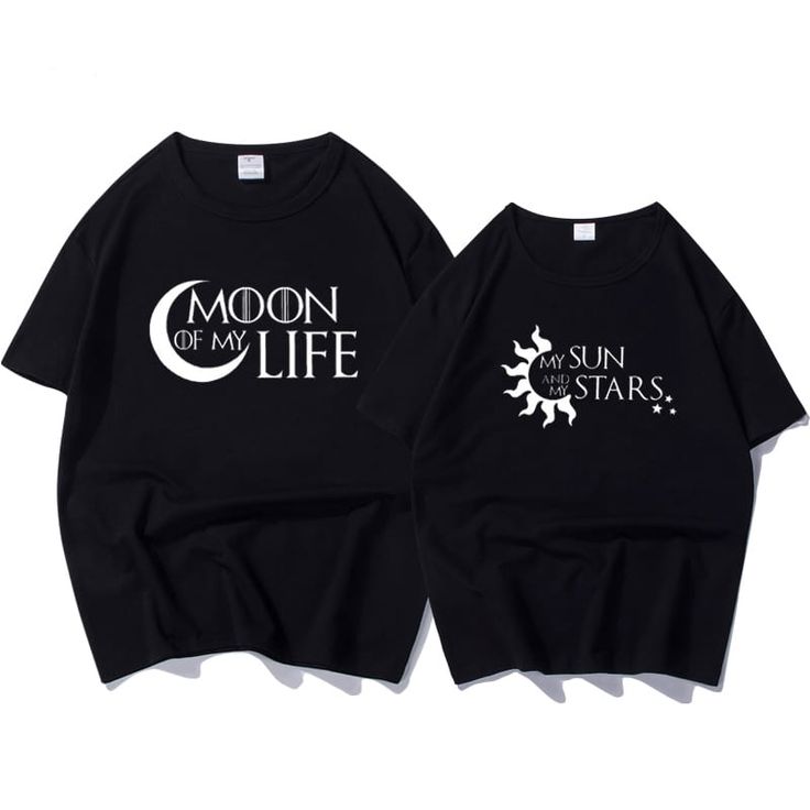 two black shirts with moon and sun on them