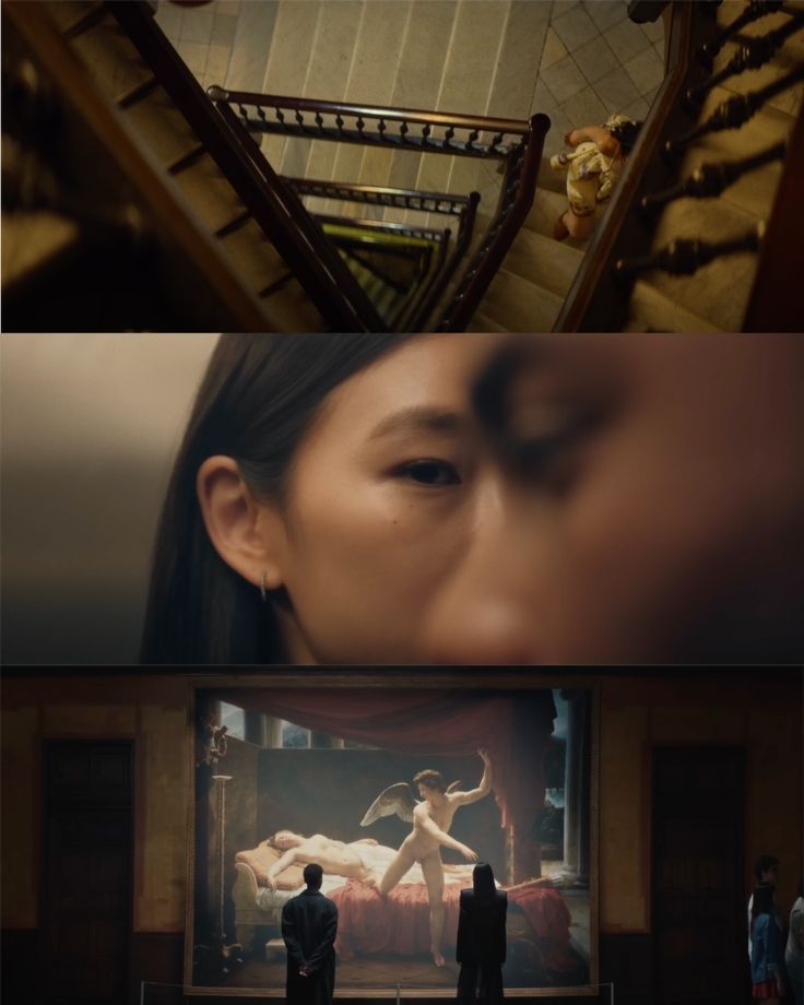 two different scenes from the same movie with people standing in front of an open staircase