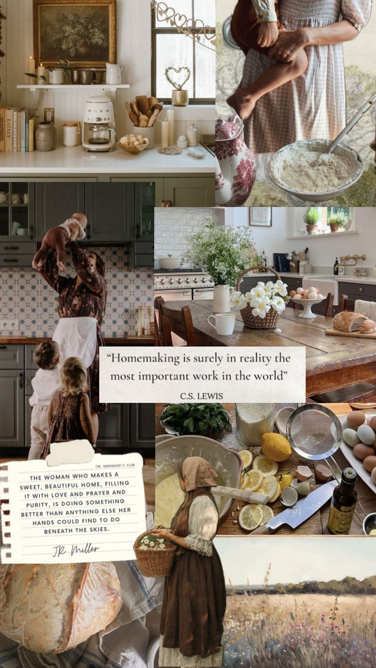 a collage of pictures with people in the kitchen and on the table, including bread