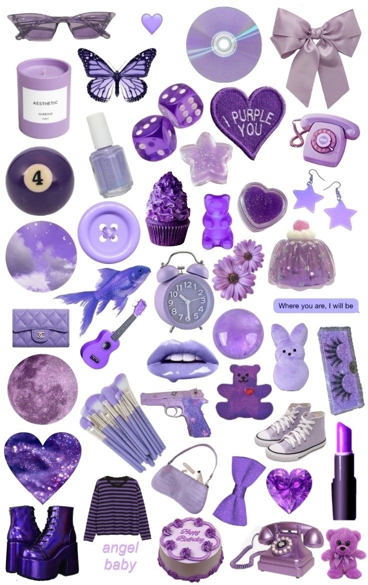 various purple items are arranged in the shape of hearts and flowers, with words written on them