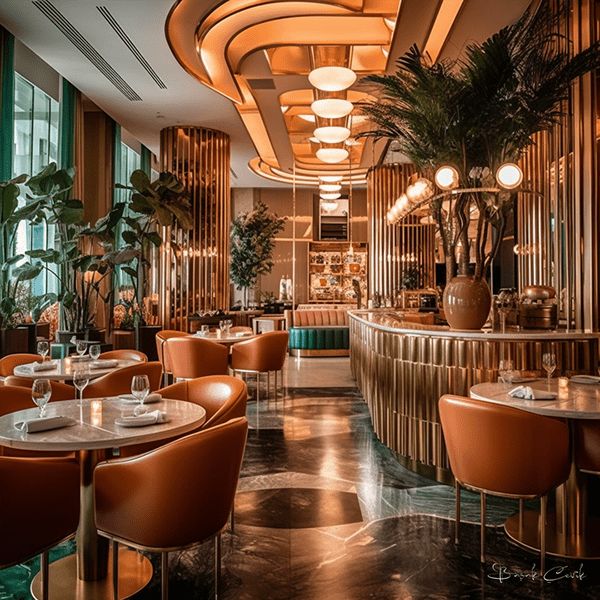 the interior of a restaurant with tables and chairs