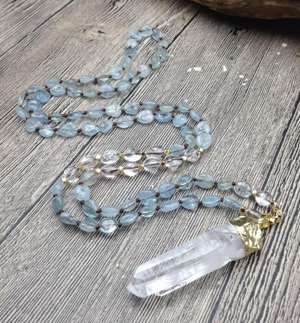 Natural Aquamarine & Clear Quartz Gemstone Necklace Gemstone Wrap Bracelet, Wrap Armband, Clear Quartz Necklace, Quartz Crystal Pendant, Aquamarine Stone, Mala Necklace, Clear Quartz Crystal, Sea Glass Jewelry, Spiritual Jewelry