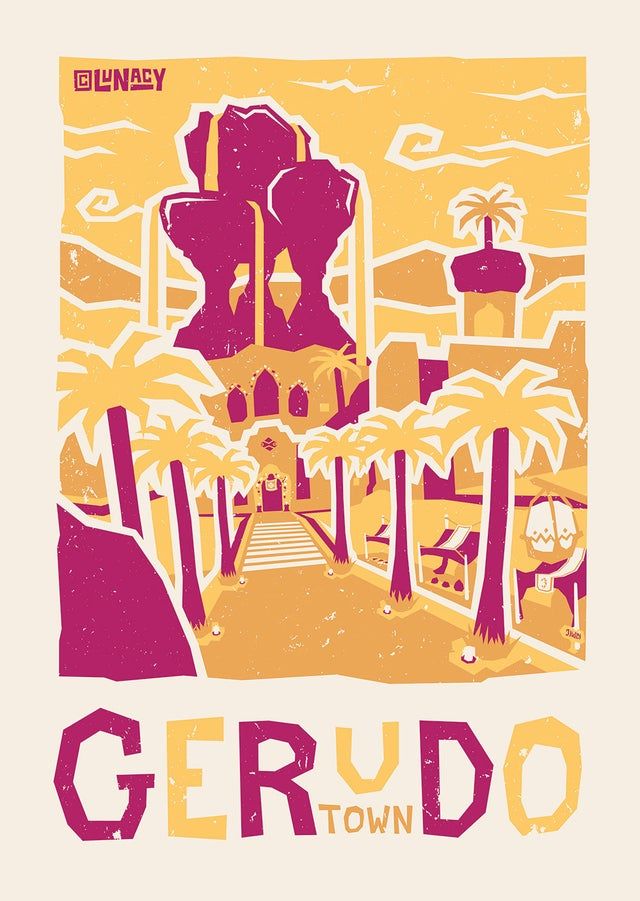 a poster with the name gerudo town in front of palm trees and buildings