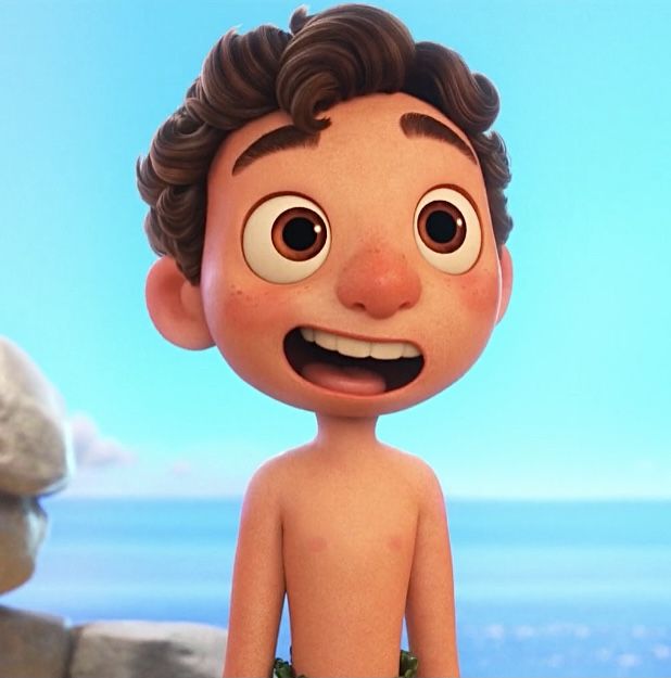 a close up of a cartoon character with big eyes and no shirt on standing in front of the ocean