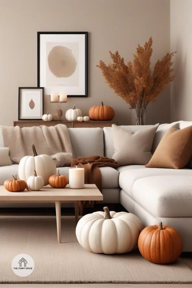 a living room filled with white furniture and pumpkins