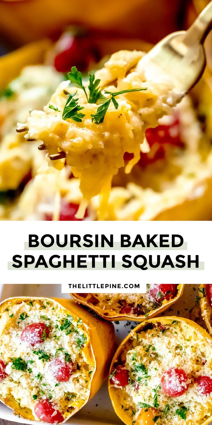 the recipe for boursin baked spaghetti squash is shown on a plate with a spoon