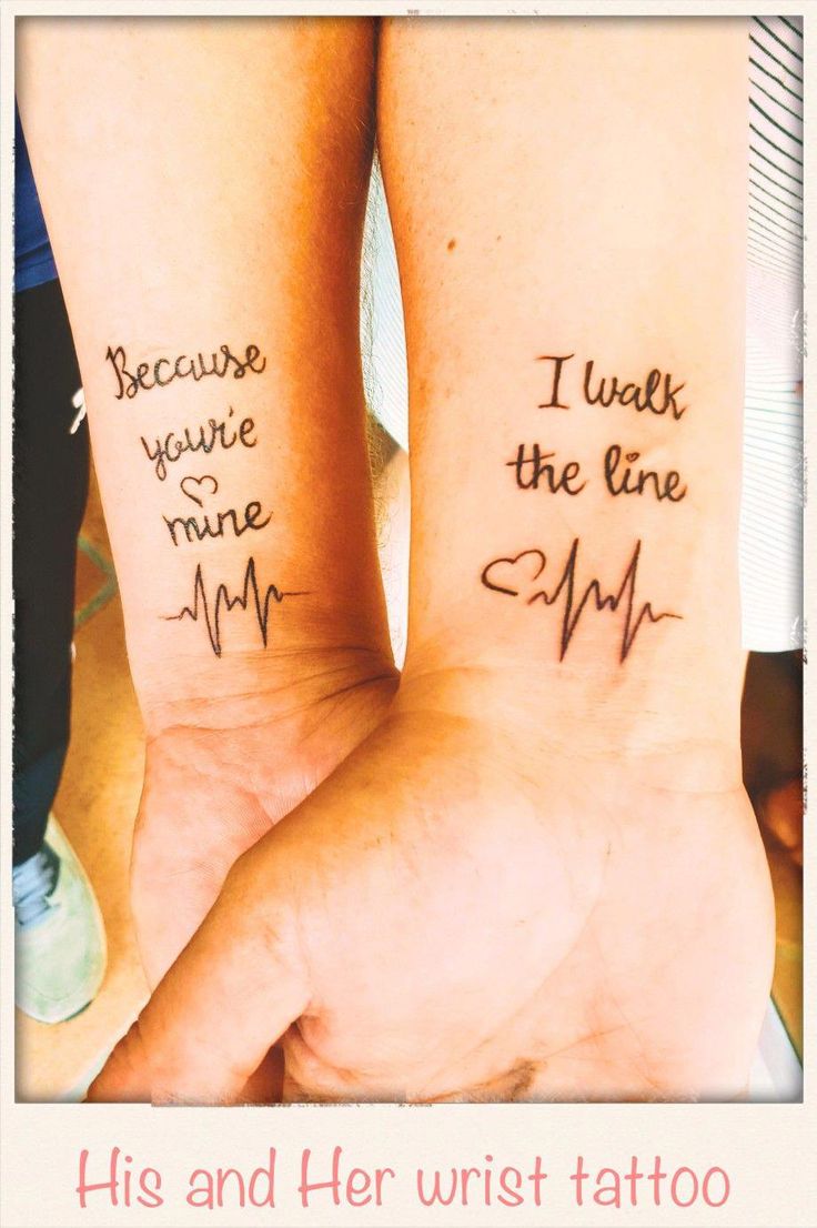 two people with tattoos on their arms that say i walk the line and his and her wrist tattoo