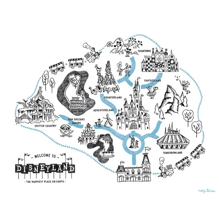 the disneyland map is shown in black and white