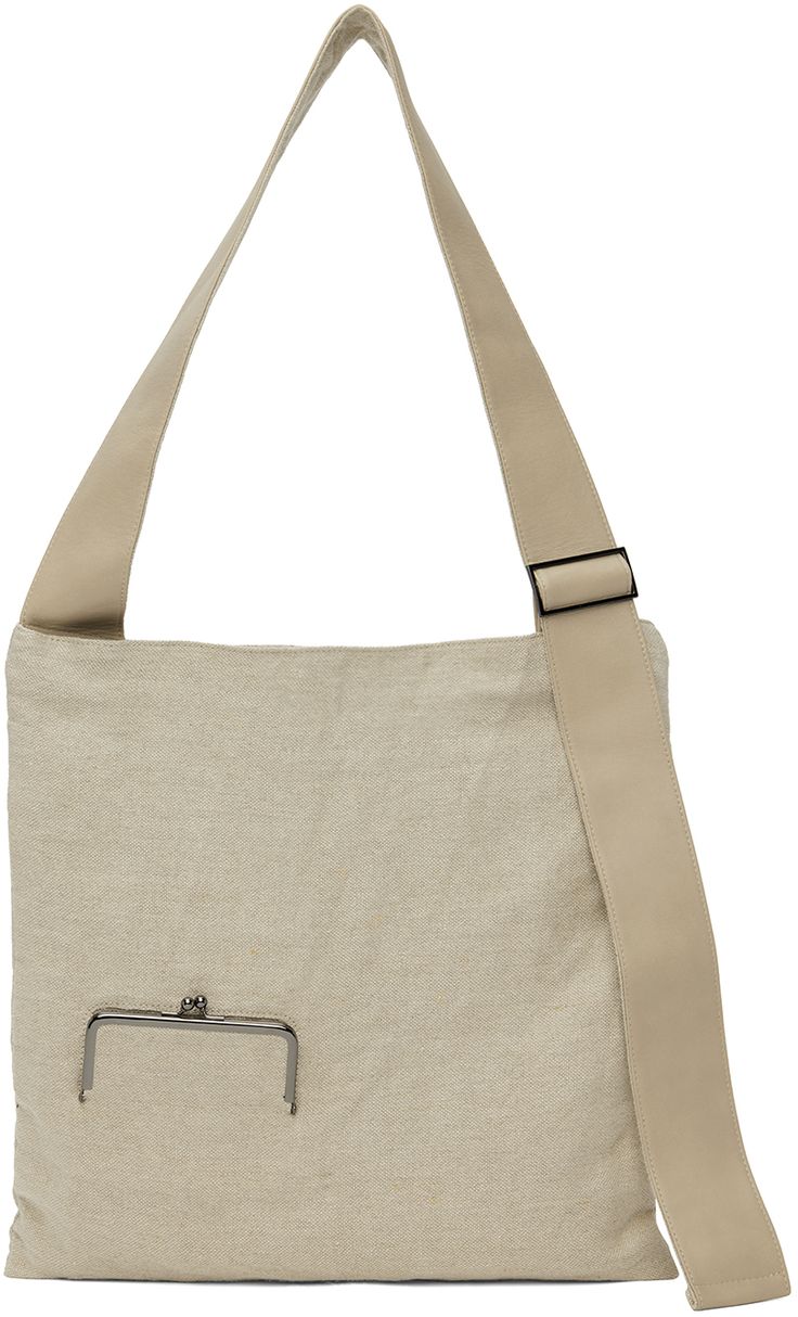 Linen hopsack tote in beige. Buffed leather trim throughout. · Kiss-lock pocket at face · Adjustable shoulder strap · Zip closure · Zip pocket and patch pockets at interior · Twill lining · H15.5 x W16 in Part of the discord YOHJI YAMAMOTO collection. Supplier color: Beige Yohji Yamamoto, Leather Trim, Luxury Streetwear, Leather Trims, Patch Pocket, Zip Pockets, Bag Accessories, Shoulder Strap, Kiss