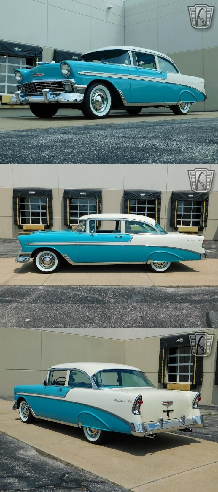 three pictures of classic cars parked in front of a building