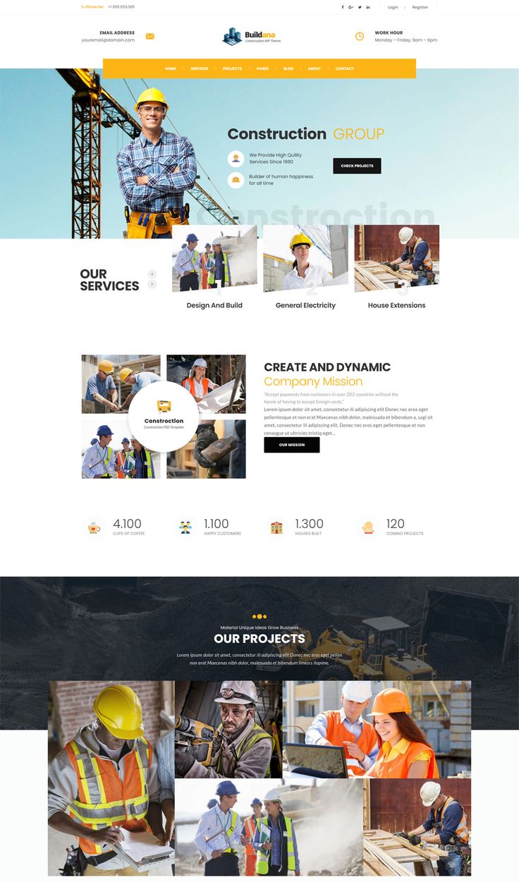 the construction company website is displayed in this image