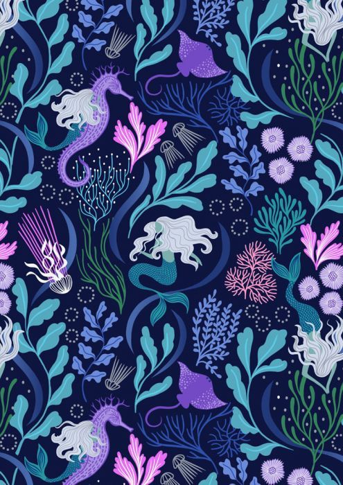 an underwater scene with sea animals and plants in purple, blue and green colors on a dark background