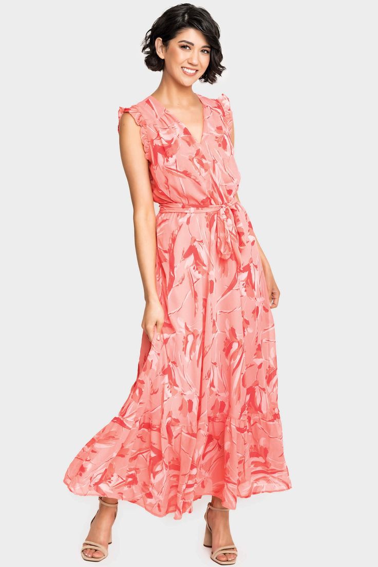 Flowy Chiffon Wrap Dress, Breezy V-neck Dress With Ruffles, Breezy Pink V-neck Maxi Dress, Floral Print Dress With Flutter Sleeves For Brunch, Summer Chiffon Wrap Dress With Surplice Neckline, Spring Flowy Chiffon Wrap Dress, Spring Chiffon Wrap Dress Maxi Length, Flowy Chiffon Spring Wrap Dress, Chic Floral Dress With Flutter Sleeves For Brunch