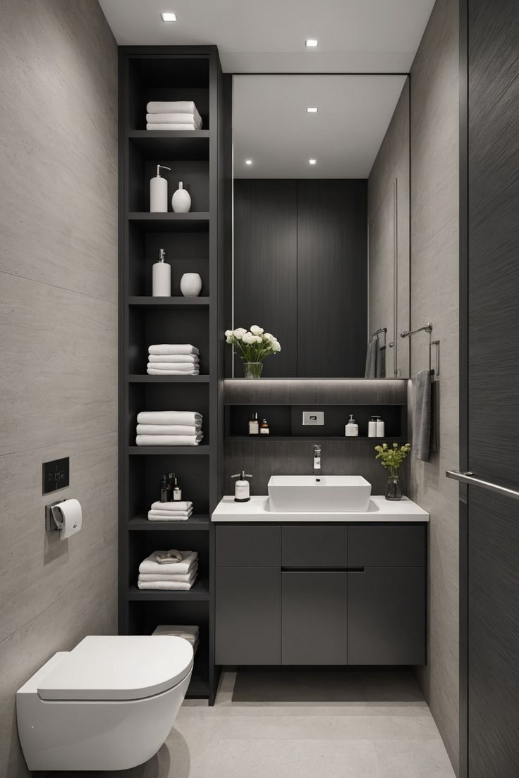 a bathroom with a toilet, sink and shelves filled with white towels on the wall