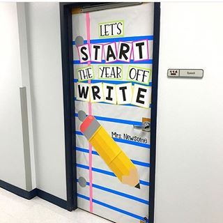 an open door with writing on it and a yellow pencil sticking out of the bottom