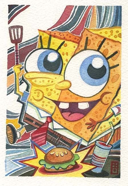 the spongebob cartoon is eating a hamburger and holding a fork in his hand