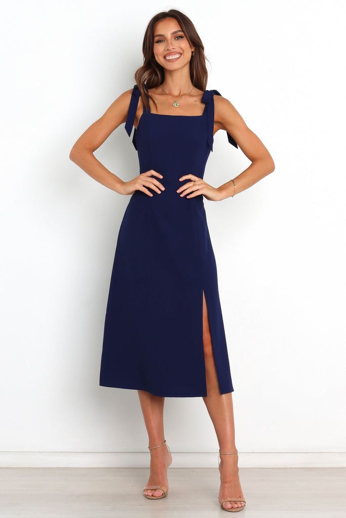 Laurel Dress - Navy - Petal & Pup USA Fitted Midi Dress With Tie Back And Straight Neckline, Tie-back Midi Dress For Night Out, Chic Midi Length Dresses With Straps, Adjustable Straps Midi Dress For Date Night, Elegant Square Neck Midi Dress With Tie Back, Straight Neckline Dress With Tie Back For Date Night, Fitted Square Neck Midi Dress With Tie Back, Midi Dress With Adjustable Straps For Brunch, Fitted Midi Dress With Adjustable Straps For Brunch