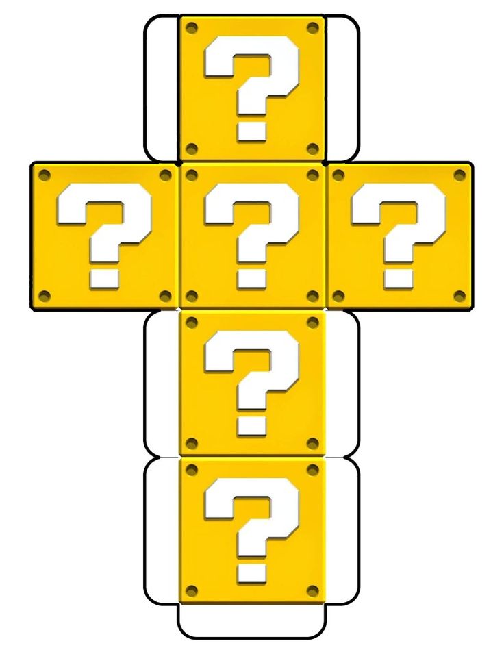 four yellow signs with question marks on them in the shape of a cross, and one is